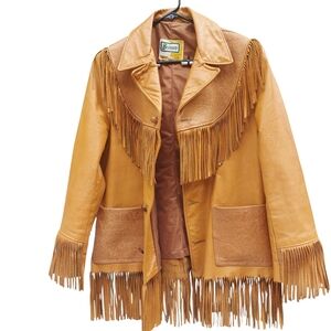 Vintage Tan Leather Fringe Jacket Tooled Leather Accents Western UNISEX